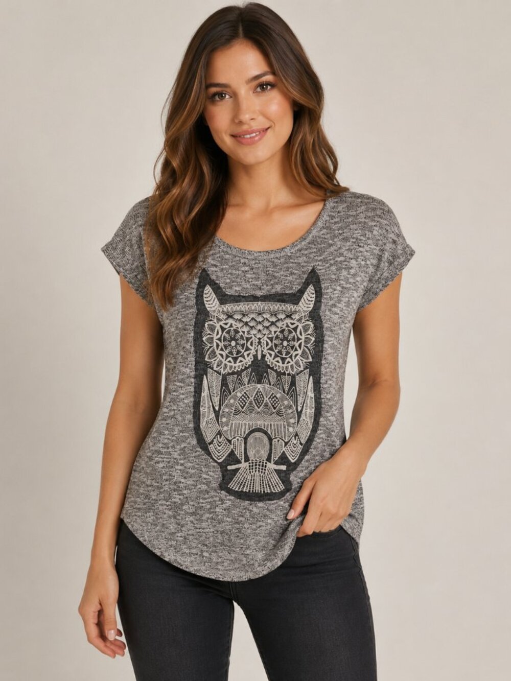 Boutique Gray Marled Owl Graphic Short Sleeve Top Rayon Blend High Low Hem Tee